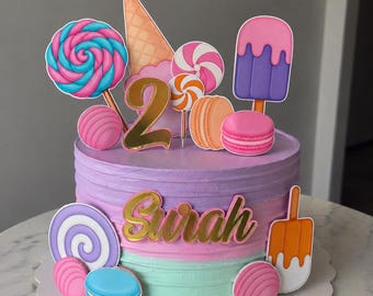 Candyland Cake Topper Set, Cardstock Sweet Birthday Decor, Personalized Name Topper, Girl Birthday Party, Candy Theme Cake Decorations