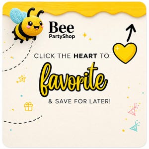Pu&ograve; includere: Grafica promozionale per Bee PartyShop. Presenta un'ape dei cartoni animati con strisce gialle e nere, ali blu e un viso sorridente. Il testo include "Clicca sul cuore per aggiungere ai preferiti e salvare per dopo!" e un'icona a forma di cuore giallo.