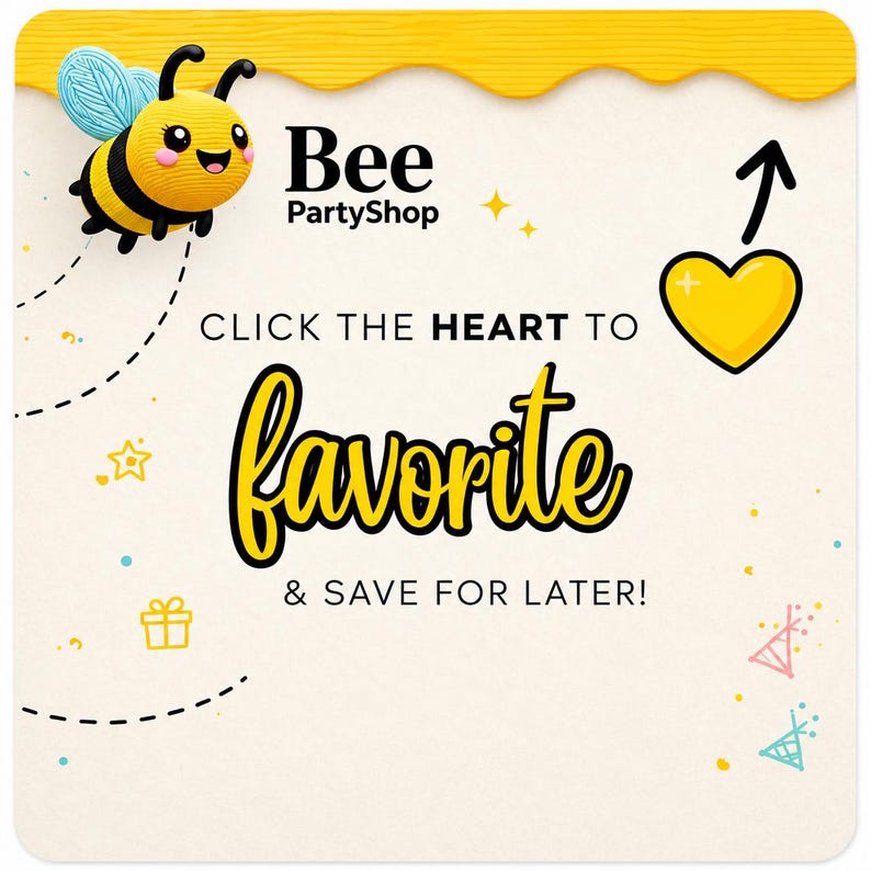 Pu&ograve; includere: Grafica promozionale per Bee PartyShop. Presenta un'ape dei cartoni animati con strisce gialle e nere, ali blu e un viso sorridente. Il testo include "Clicca sul cuore per aggiungere ai preferiti e salvare per dopo!" e un'icona a forma di cuore giallo.