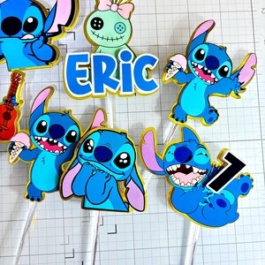 Stitch Cupcake Toppers – Set of 12 Cupcake Toppers – Personalized Name – Blue Alien Decorations