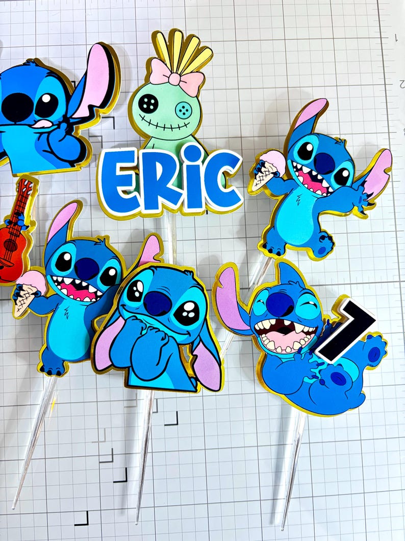Stitch Cupcake Toppers – Set of 12 Cupcake Toppers – Personalized Name – Blue Alien Decorations