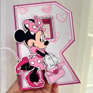 Minnie Mouse 3D-bokstäver, personligt namn, dekoration för flickas födelsedagsfest, rosa mittpunktsdekoration, tårtbord, första födelsedag, anpassad namnskylt bild 11