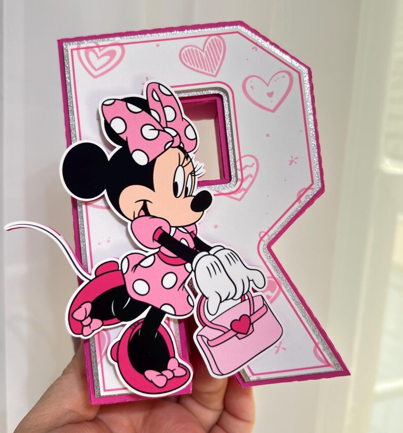 Minnie Mouse 3D-bokstäver, personligt namn, dekoration för flickas födelsedagsfest, rosa mittpunktsdekoration, tårtbord, första födelsedag, anpassad namnskylt bild 11