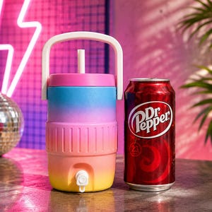 May include: A beverage cooler with a white handle and straw, featuring a pink, blue, and yellow gradient finish and a white spigot at the base. It is positioned next to a standard 12-ounce red Dr. Pepper soda can for a clear size comparison.
