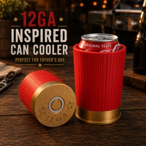 Op de afbeelding: Twee rode en gouden blikkoelers ontworpen als 12 gauge jachtpatronen. Eén koeler staat rechtop met een rood frisdrankblikje, terwijl de andere op zijn kant ligt en een gouden basis toont met de tekst 12 GA en twee sterren.