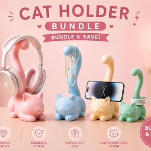 May include: A set of four cat-shaped holders in pastel pink, blue, yellow, and green. The pink holder supports headphones, the blue one displays necklaces, the yellow one holds a smartphone, and the green one stores a charging cable. Text reads CAT HOLDER BUNDLE.
