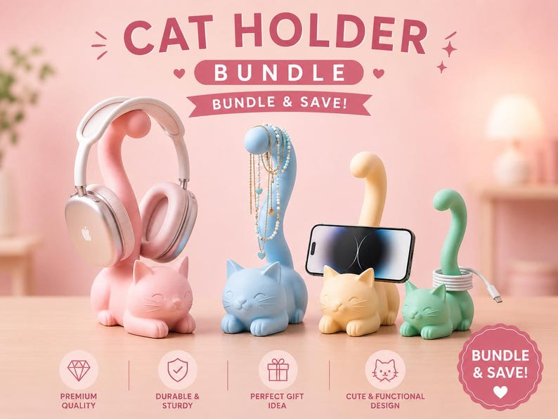May include: A set of four cat-shaped holders in pastel pink, blue, yellow, and green. The pink holder supports headphones, the blue one displays necklaces, the yellow one holds a smartphone, and the green one stores a charging cable. Text reads CAT HOLDER BUNDLE.