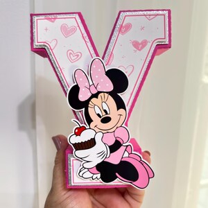 Minnie Mouse 3D-bokstäver, personligt namn, dekoration för flickas födelsedagsfest, rosa mittpunktsdekoration, tårtbord, första födelsedag, anpassad namnskylt bild 10