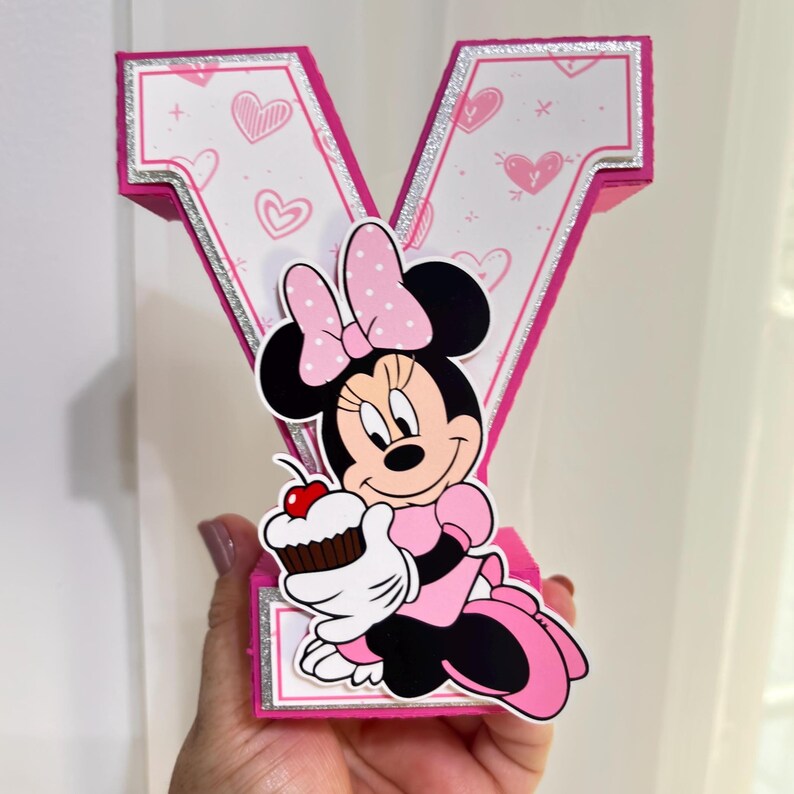 Minnie Mouse 3D-bokstäver, personligt namn, dekoration för flickas födelsedagsfest, rosa mittpunktsdekoration, tårtbord, första födelsedag, anpassad namnskylt bild 10