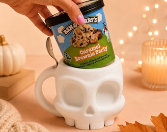 Skull Ice Cream Pint Holder | 3D Printed Ice Cream Mug with Handle & Spoon Slot | Halloween Pint Holder
