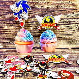 Sonic Cupcake Toppers - Set of 12 | Sonic Birthday Party Decor | Shadow, Knuckles, Amy Rose Cupcake Picks | Sonic Party Favors