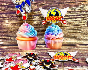 Sonic Cupcake Toppers - Set of 12 | Sonic Birthday Party Decor | Shadow, Knuckles, Amy Rose Cupcake Picks | Sonic Party Favors