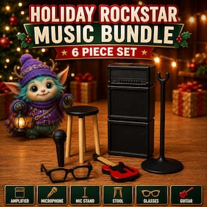May include: A 6-piece Holiday Rockstar Music Bundle set featuring a plush creature in a purple hat, a black amplifier stack, a black microphone, a wooden stool with a black seat, black glasses, and a red electric guitar with a black neck.