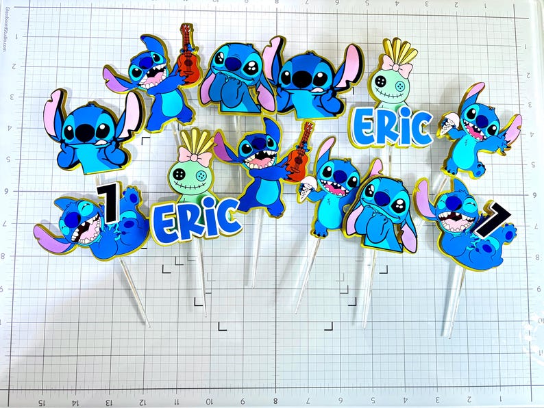 Stitch Cupcake Toppers – Set of 12 Cupcake Toppers – Personalized Name – Blue Alien Decorations