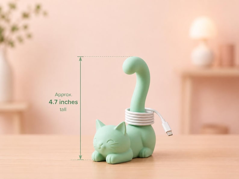 May include: A light green cat-shaped cable organizer with a tall, curved tail used for wrapping a white charging cord. The figure features a resting cat with closed eyes and pointed ears. The total height is approximately 4.7 inches tall.