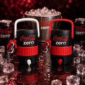 Op de afbeelding: Twee zwarte Coca-Cola Zero drankkoelers met rode textuurbanden en handvatten. De ene koeler heeft een wit handvat en kraantje, de andere een rood handvat en kraantje. Elke koeler heeft een kleine blikvormige hanger met een rode strik.
