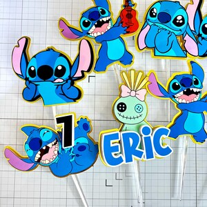 Stitch Cupcake Toppers – Set of 12 Cupcake Toppers – Personalized Name – Blue Alien Decorations