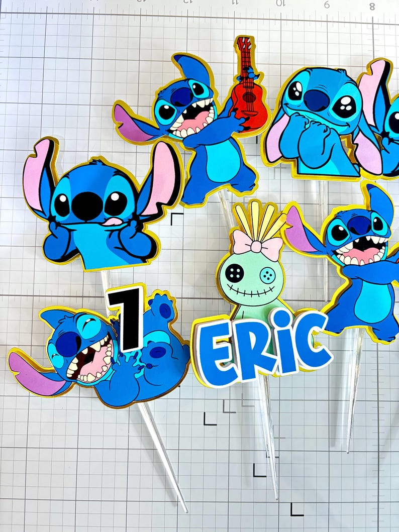 Stitch Cupcake Toppers – Set of 12 Cupcake Toppers – Personalized Name – Blue Alien Decorations