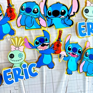 Stitch Cupcake Toppers – Set of 12 Cupcake Toppers – Personalized Name – Blue Alien Decorations