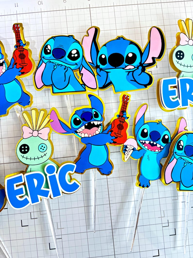 Stitch Cupcake Toppers – Set of 12 Cupcake Toppers – Personalized Name – Blue Alien Decorations