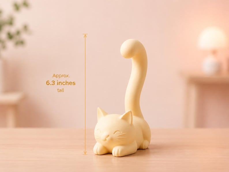 May include: A pale yellow cat-shaped figurine with a long, upright tail. The cat is in a resting position with its front paws tucked forward. A measurement graphic indicates the object is approximately 6.3 inches tall.