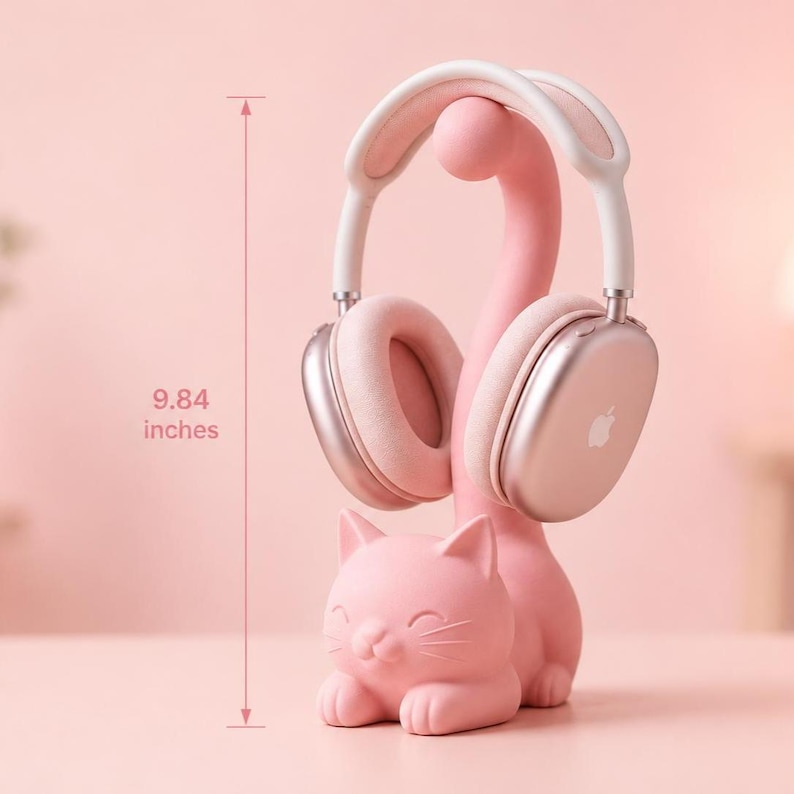 Cute Cat Headphone Stand – Kawaii Desk Organizer, Cat Tail Phone Holder Jewelry Stand, Pastel Aesthetic Desk Decor, Gift for Cat Lover Tall