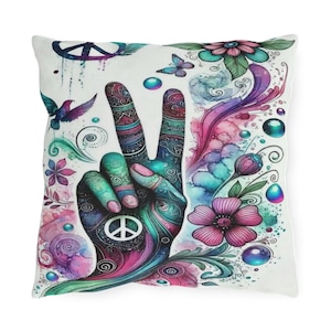 Outdoor Pillows - Colorful Magical Peace Sign Design, Vibrant Boho Home Decor Accent, Patio Cushions, Garden Pillow Covers, Hippie Outdoor