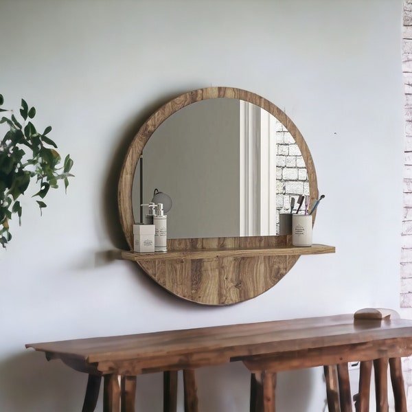 Modern Wooden Wall Shelf with Mirror - Stylish and Functional Decor | Versatile for Every Room,Gift,round,boho,Home,makeup,badroom,kids,new,