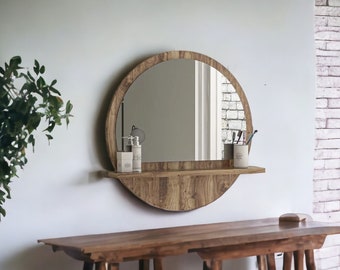 Modern Wooden Wall Shelf with Mirror - Stylish and Functional Decor | Versatile for Every Room,Gift,round,boho,Home,makeup,badroom,kids,new,