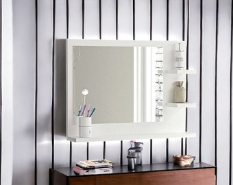 White Mirror with 3 Shelves - Bathroom Essential for Makeup,Beauty and Organization,SmallSpace,Essential,Chic,Practical,Décor,Storage