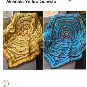 May include: Two crocheted blankets, one yellow and one blue, each with a mandala design. The yellow blanket has shades of yellow, orange, and brown. The blue blanket features shades of blue, turquoise, and orange. The text at the top reads "Mandala Blue Fireworks & Mandala Yellow Sunrise."