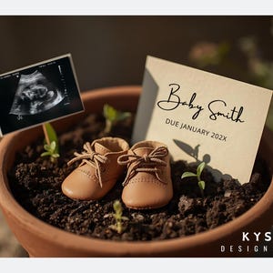 May include: A terracotta pot filled with soil, featuring a pair of small brown leather baby shoes. A card reads "Baby Smith DUE JANUARY 202X" next to an ultrasound image. The image suggests a pregnancy announcement.