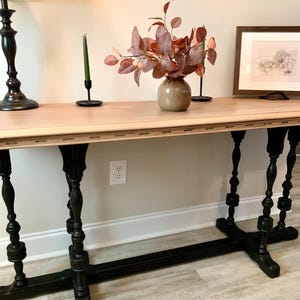 Vintage Solid Wood Long Console Table Raw Wood Top and Black Bottom