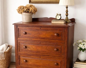 Antique Solid Wood Chest of Drawers | Primitive Dresser | Rustic Farmhouse Storage | Early American 3 Drawer Chest | Vintage Bedroom Furnitu