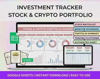 Suivi de portefeuille d'actions et de cryptomonnaies | Tableur de suivi des investissements | Journal des dividendes et des transactions | Modèle financier Google Sheets