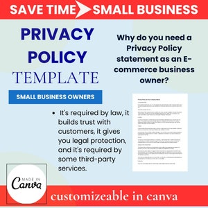 Customizable Privacy Policy Template Canva, Privacy Policy Statement for Website, Online E-commerce template, Small Business, Shopify