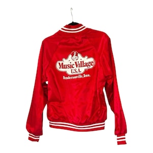 Vtg 80s Music Village USA Hendersonville Jacket Red Satin Sz M Snap Bomber