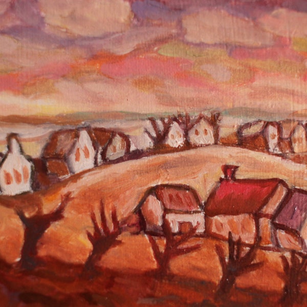 ACEO original art oil cardboard painting Hand made Signed 2,5"x3,5" Farm Country landscape view Season