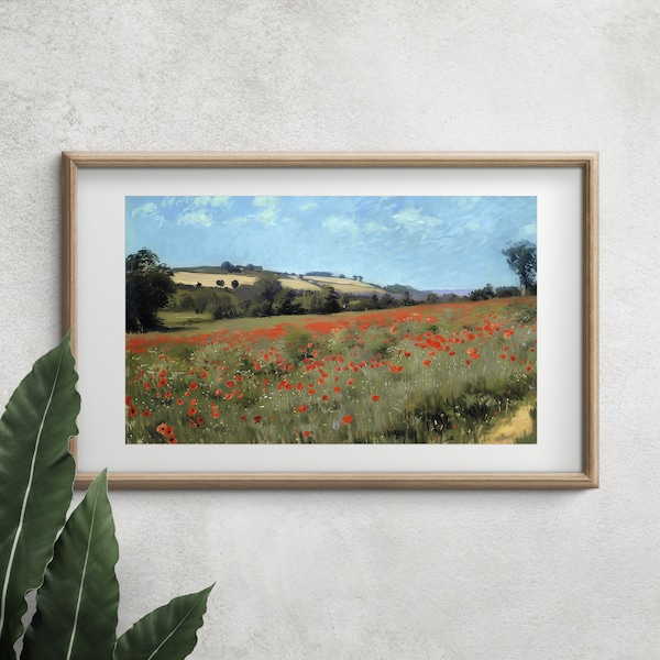 Poppy Flower Field, a beautiful landscape filled with vivid Poppy Flowers, Brush Technique, Wall Art Prints, Abstract, Blue, Red, Green