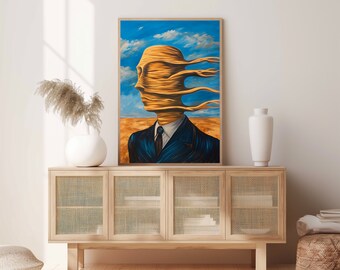 Wall Art Prints, Surreal Art Wall Decor, Wind Whispering Portrait, Golden Desert, Orange, Blue, Abstract Wall Art