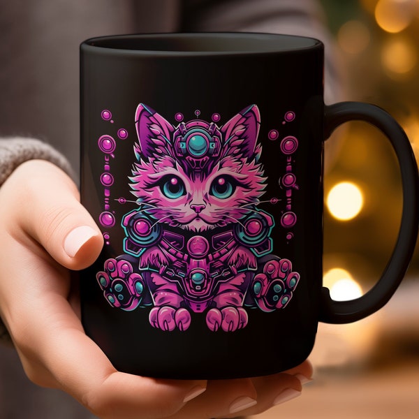 Vibrant Pink Cyber Cat Mug, Futuristic Kitten Lover Gift, Unique Cat-Themed Drinkware, Artistic Home Decor Coffee Cup