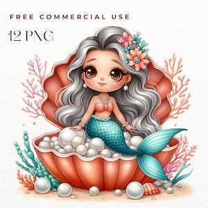Sirène assise dans le coquillage, lot de 12 images PNG. Clipart de sirène. Art imprimable, décoration d'anniversaire, art mural, affiche, t-shirt, tasse