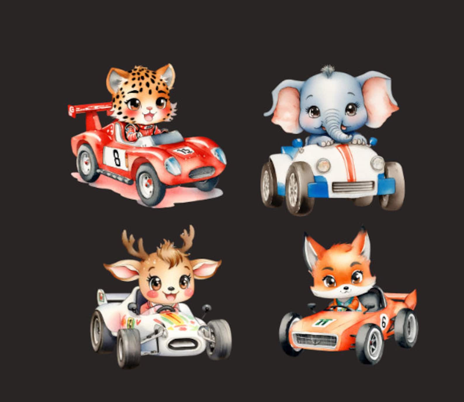 Cute Animal Racing Car Clipart Bundle PNG Images. Animals Clipart, Car ...