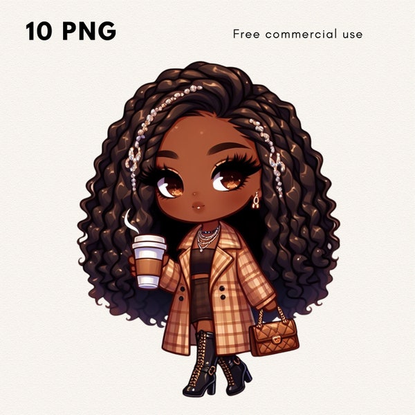 Coffee girl clipart bundle 10 PNG images. African girl clipart. Fashion girl, cute clipart, printable art, wall art, sticker, poster, mug...