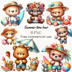夏のクマのクリップアート バンドル PNG 画像。クマのクリップアート、夏。DIY 装飾、ステッカー、ポスター、保育園、カード メーカー、ギフト タグ、シャツ...
