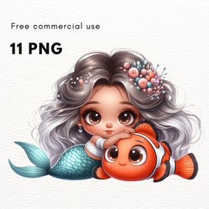 Lot de 11 images PNG mignonnes de sirène et de poisson-clown. Clipart de sirène. Art imprimable, décoration d'anniversaire, art mural, affiche, t-shirt, tasse