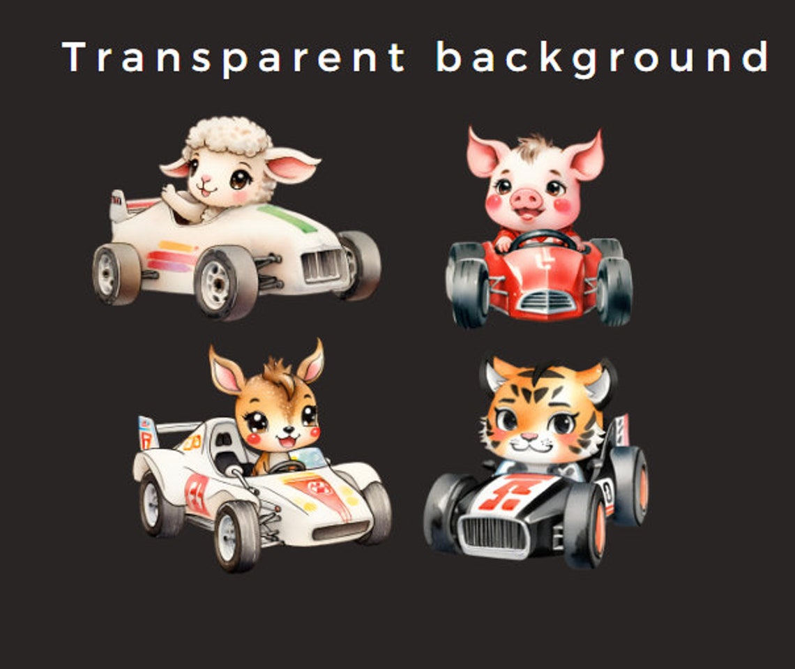 Cute Animal Racing Car Clipart Bundle PNG Images. Animals Clipart, Car ...