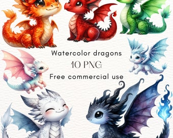 Könnte beinhalten: Zehn Aquarell-Illustrationen von niedlichen Drachen in verschiedenen Farben, darunter Rot, Orange, Grün, Blau und Schwarz. Jeder Drache hat ein einzigartiges Design und einen einzigartigen Ausdruck. Der Text "Watercolor dragons 10 PNG Free commercial use" steht unter den Drachen.