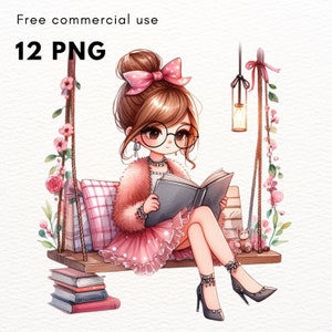 Mädchen lesen das Buch Clipart Bundle 10 PNG-Bilder. Mode Mädchen Clipart. Druckbare Kunst, Kinderzimmer Clipart, Aufkleber, Poster...kommerzielle Nutzung