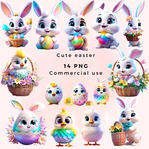 Niedliche Osterhasen und Küken Clipart Bundle PNG Bilder. Ostern Clipart, druckbare Kunst, Ostern, Aufkleber, Ostern Dekor, kommerzielle Nutzung